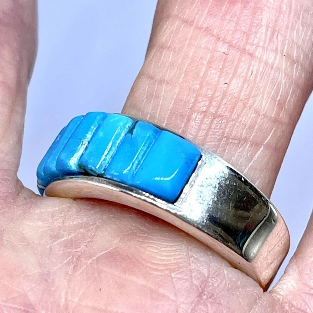 Navajo Turquoise Mens‎ Wedding Band Sz 10.5 Ring 9mm Native Amer Handmade Inlay